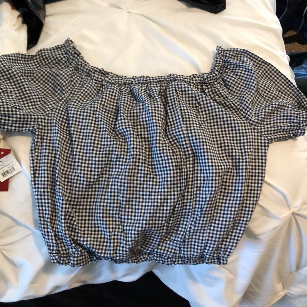 off the shoulder navy plaid crop top